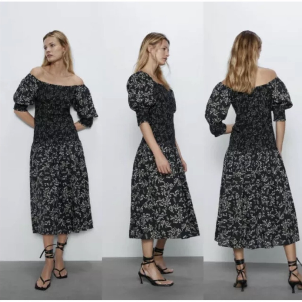 ZARA SMOCKED PUFF SLEEVE MIDI DRESS FLORAL M